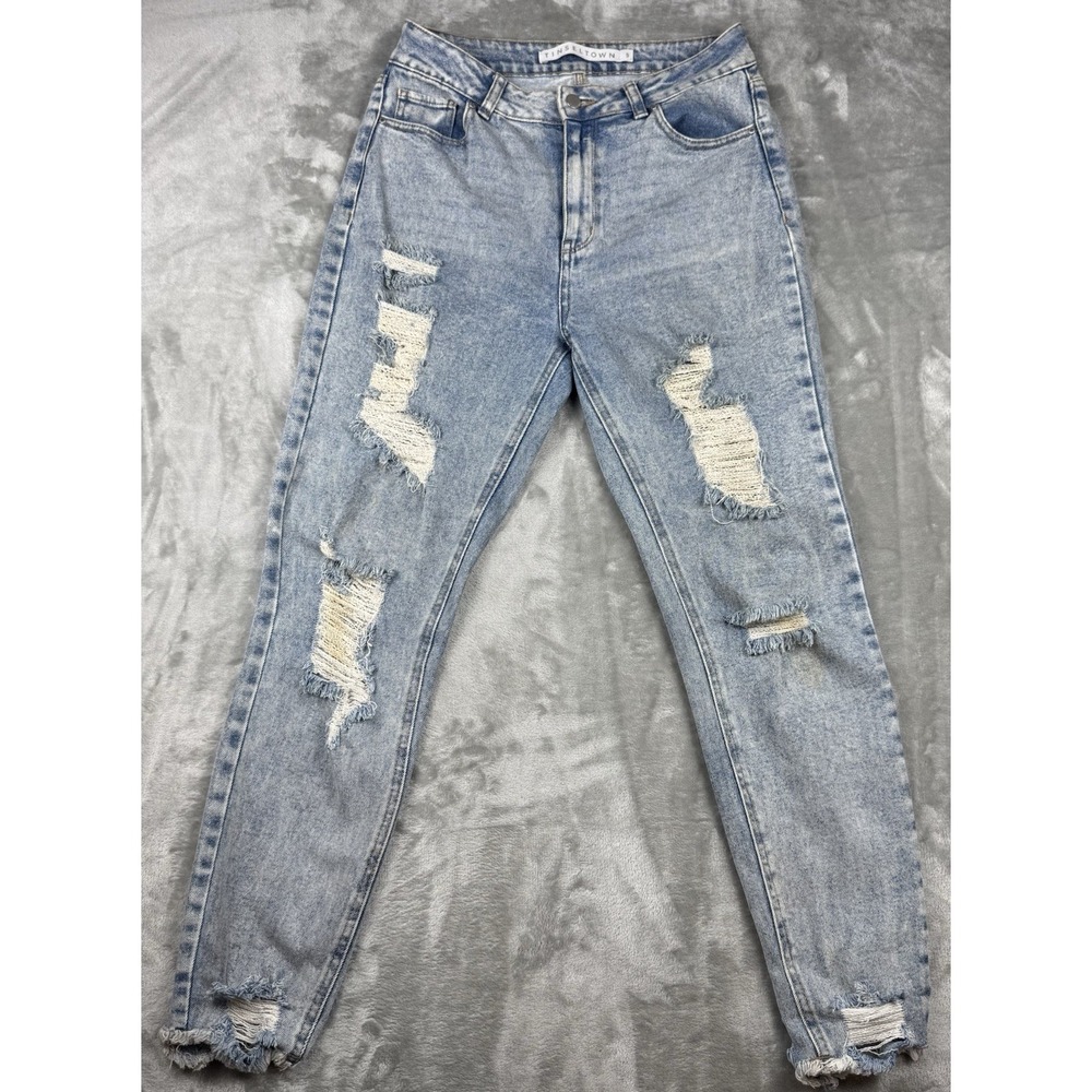 Tinseltown Jeans Womens Size 9 Distressed Mom Fit High Rise Light Wash Denim